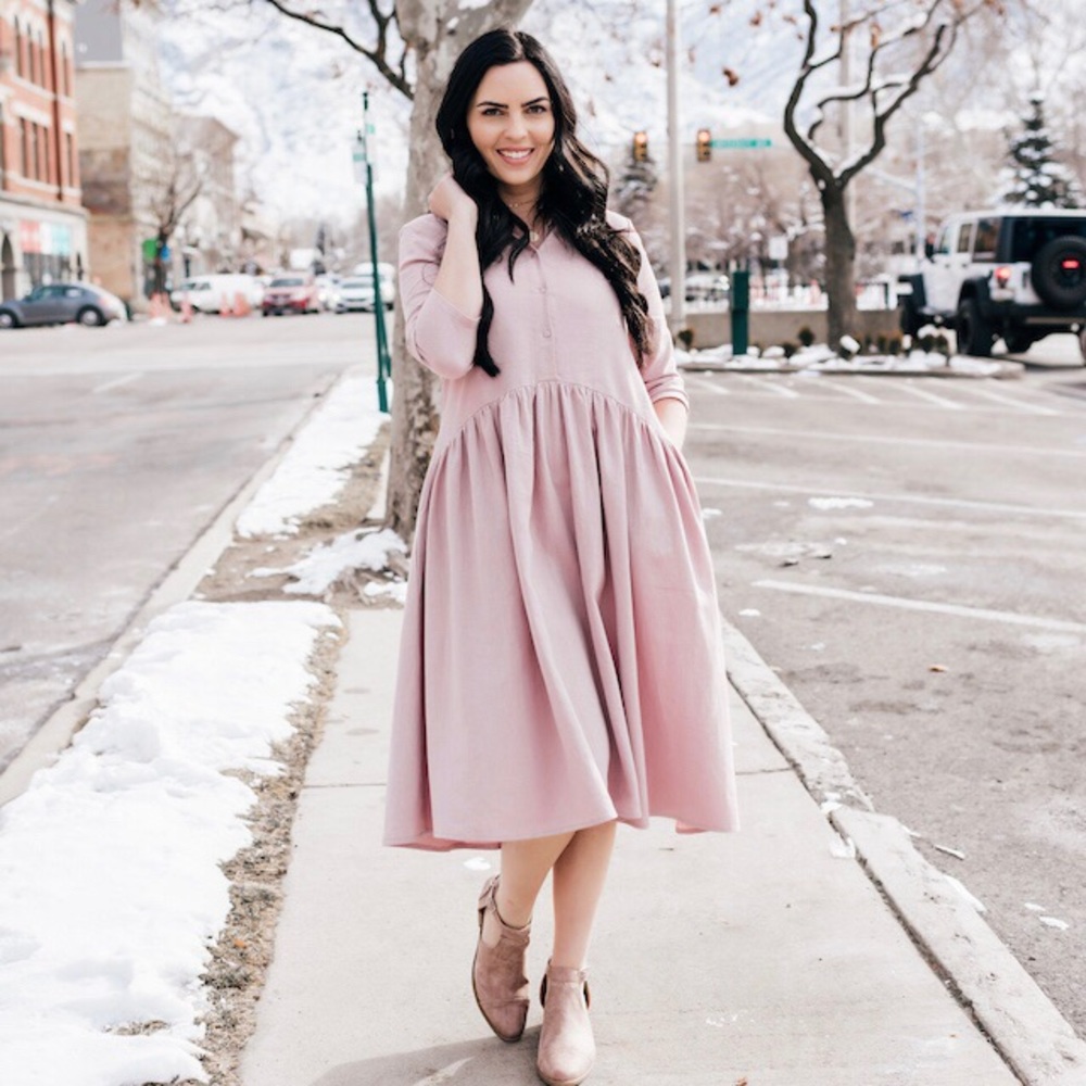 Pink button up linen dress